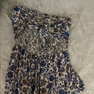 Floral Smocked Dress with Blue and Cream Pattern